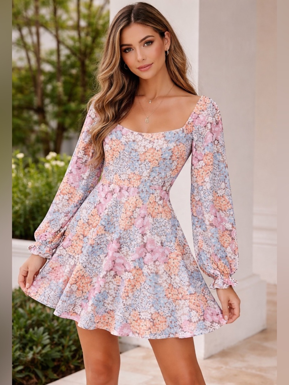 Altar'd State Pastel Floral Scoop Neck Mini Dress in Pink, Blue & Peach